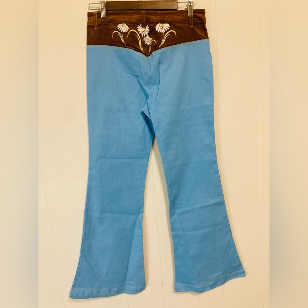Unique Vintage X Smiley Cotton Blue & Brown Embroidered Flare Pants Large - Picture 7 of 14